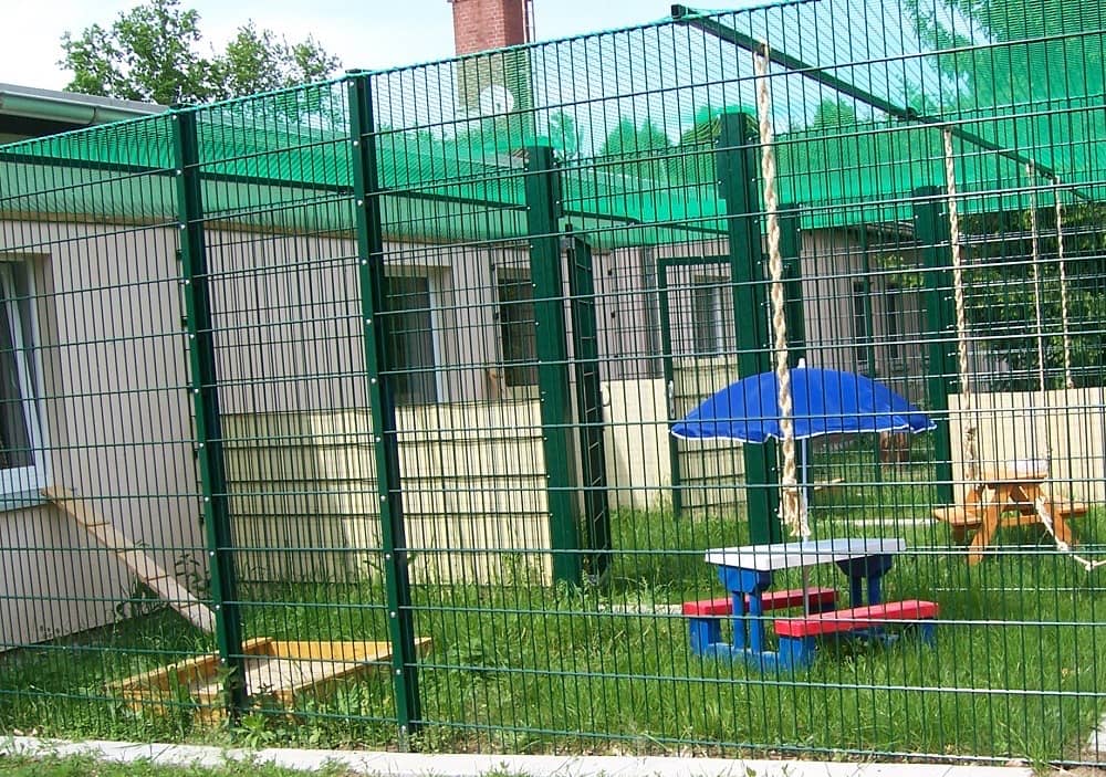 Katzen-Freigehege mit Gras, Sitzbank, Kletterstamm und Sonnenschirm